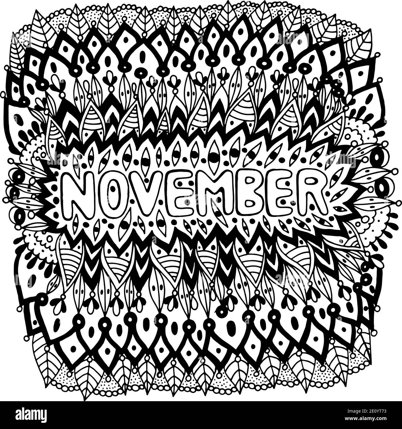 Noviembre página para colorear para adultos. Mandala con meses del