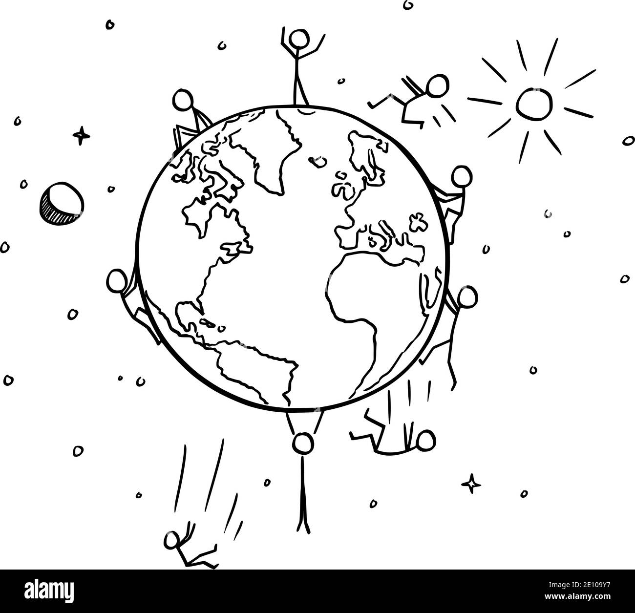 Vector de dibujos animados palo ilustración de la gente que cae del planeta esférico Tierra. Conspiración o teoría de la Tierra plana. Ilustración del Vector
