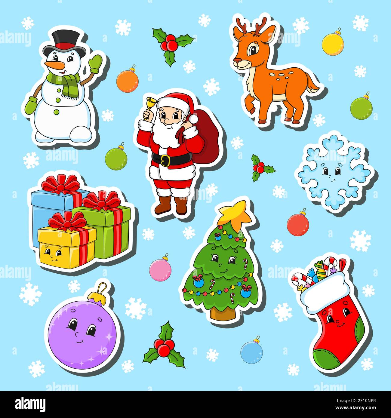 Cría de ahora en adelante Filosófico Conjunto de personajes de dibujos animados de Navidad. Muñeco de nieve,  ciervo, Papá Noel, copo de nieve, regalos, árbol de Navidad, calcetín, bola  de Navidad. Feliz año nuevo. Color ve Imagen Vector