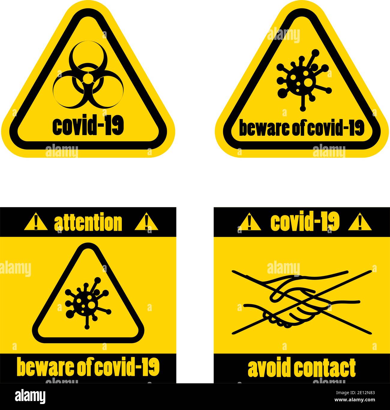 Señales de advertencia un virus tóxico, epidemia, evitar el contacto. Covid-19. Ilustración vectorial. Signo de epidemia de virus amarillo. Ilustración peligro coronavirus covid Ilustración del Vector