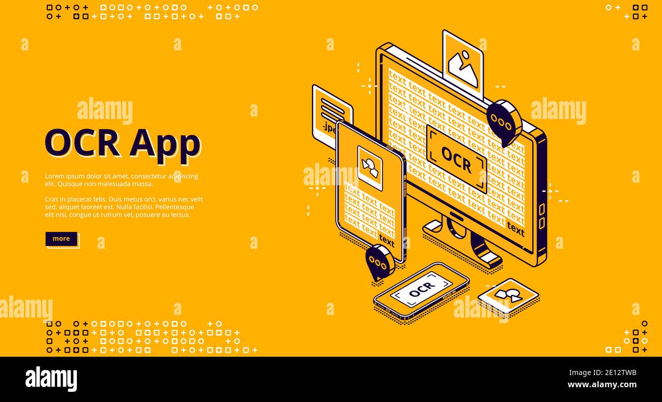 Banner de la aplicación OCR. Servicio en línea de reconocimiento óptico de  caracteres para escanear y digitalizar texto a partir de documentos en  papel e imágenes. Página de inicio vectorial con smartphone