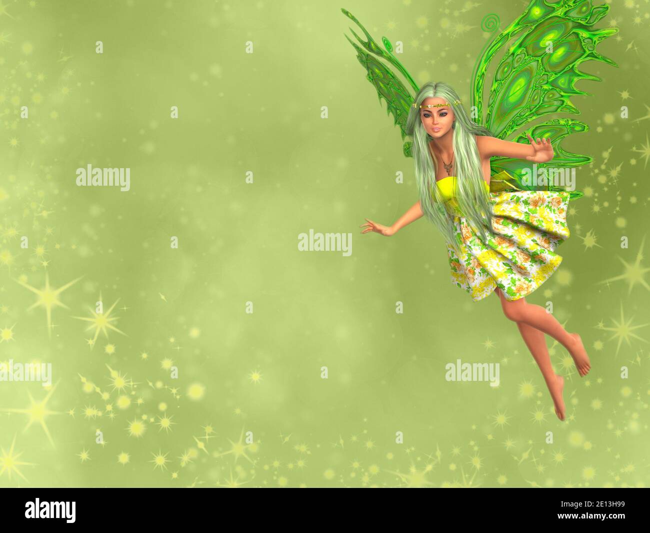 Hada primaveral con alas verdes y pelo largo volando, fondo verde bokeh con estrellas. Renderizado en 3D. Foto de stock