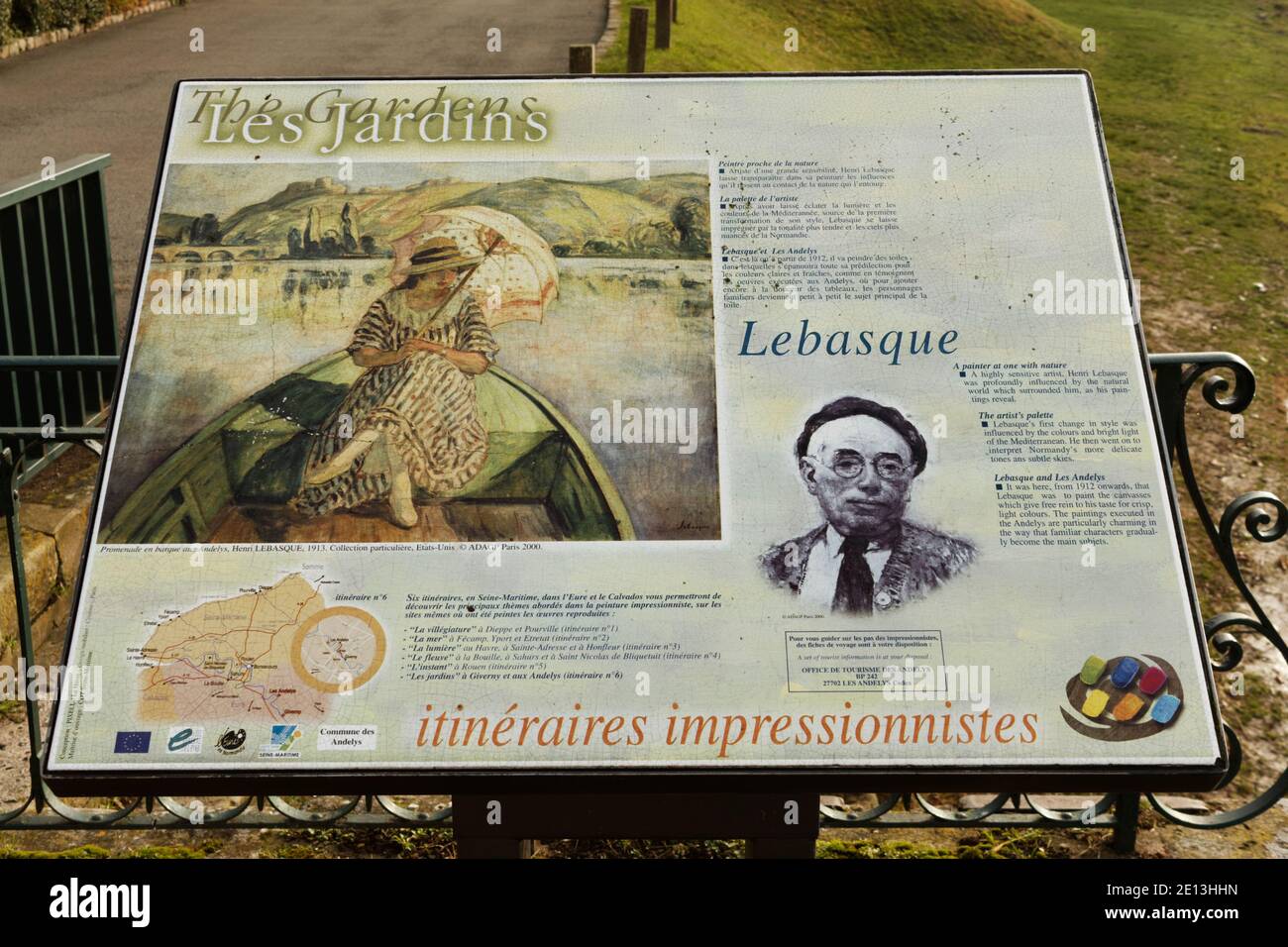 Placa histórica en Les Andelys sobre el tema del pintor impresionista Henri Lebasque, Normandía, Francia Foto de stock