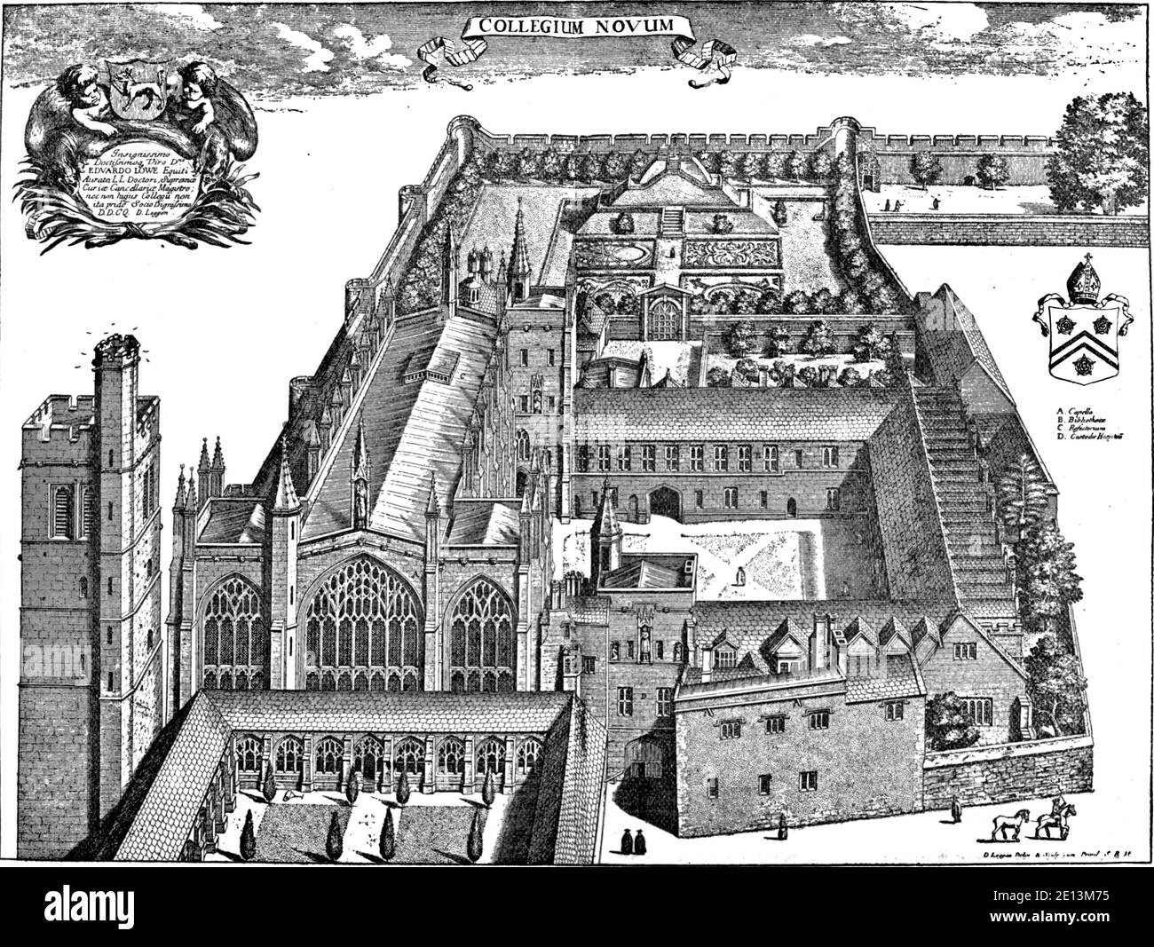 Antigua impresión de New College, Oxford Foto de stock