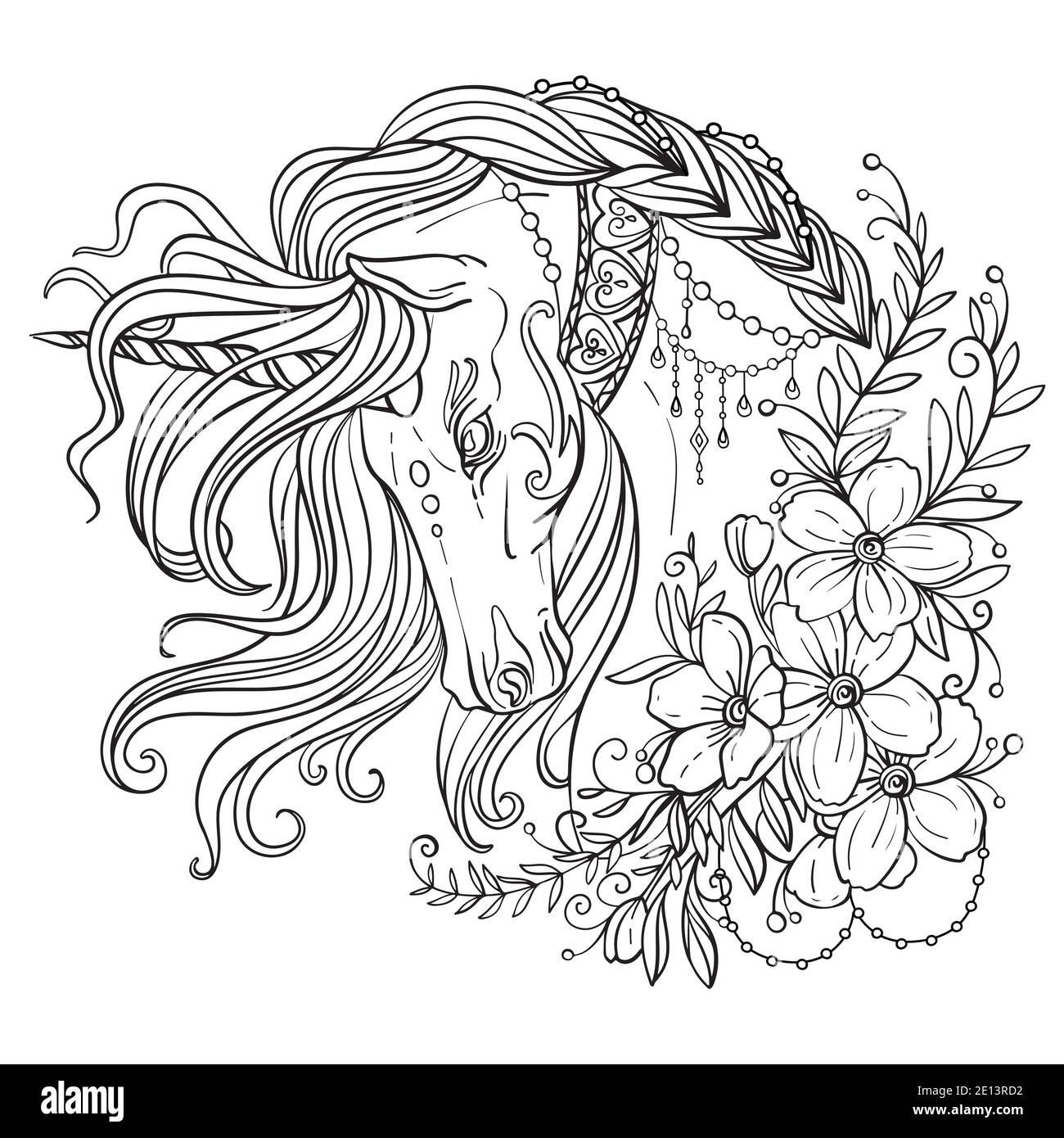 Dibujo unicornio aislado con mane largo y flores. Estilo brazalete para  adultos libro de colores, tatuaje, diseño de camiseta, logo, signo.  Ilustración estilizada o Imagen Vector de stock - Alamy