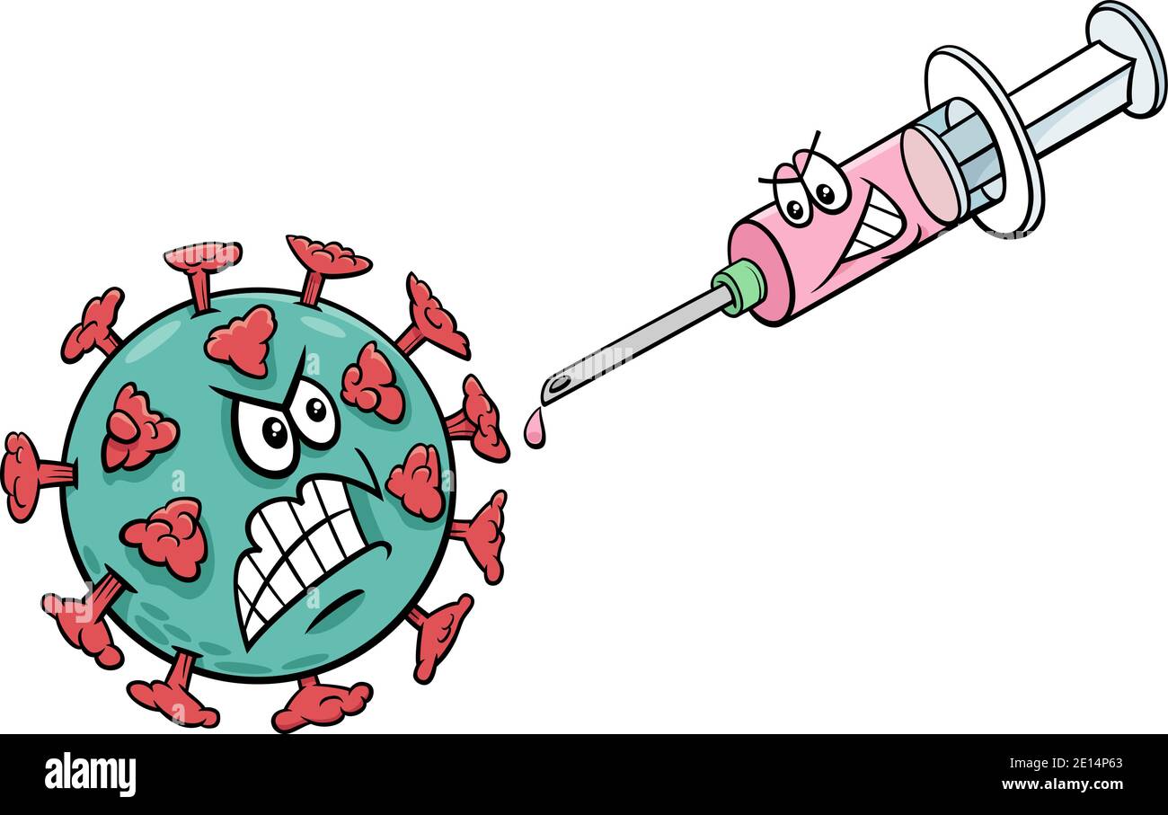 Ilustración de dibujos animados del coronavirus y la vacuna en una jeringa  Imagen Vector de stock - Alamy