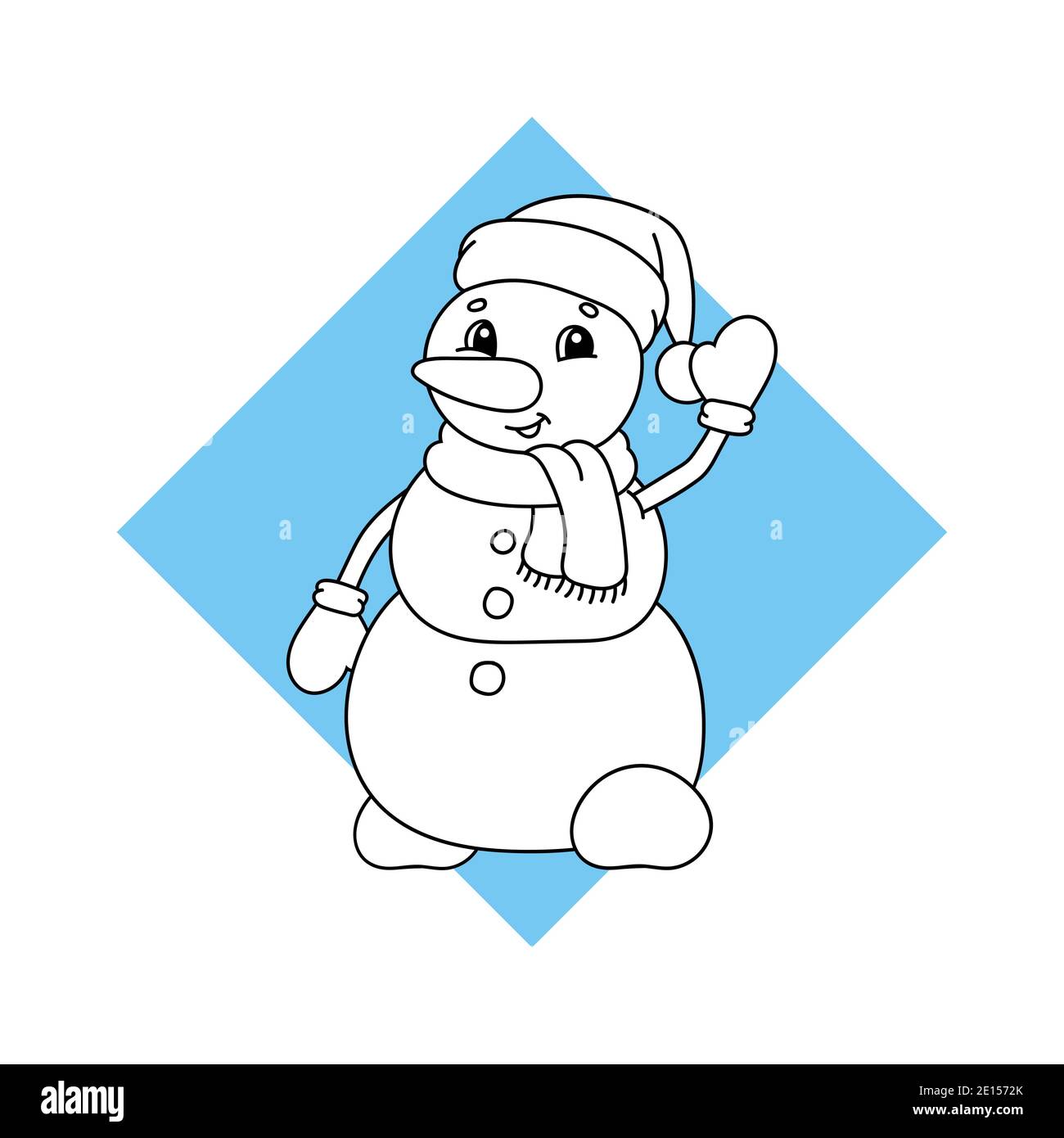 Muñeco de nieve de Navidad en un sombrero y bufanda agitando. Página para  colorear en blanco y negro para niños. Lindo personaje de dibujos animados.  Ilustración aislada de vector plano Imagen Vector