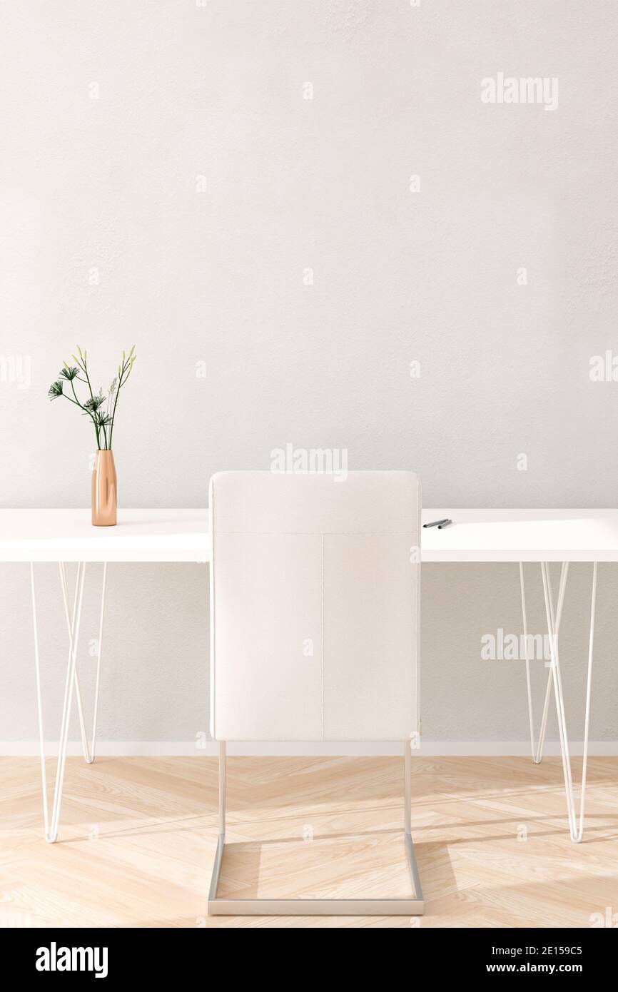 Espartano brillante decoración interior con un suelo de madera, pared de luz, escritorio, silla, flores en un jarrón de cobre y plumas en el escritorio. renderizar en 3d. Foto de stock