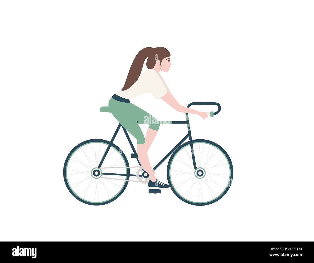 Vista lateral de la mujer montar bicicleta verde dibujos animados carácter  de diseño ilustración de vector plano aislada sobre fondo blanco Imagen  Vector de stock - Alamy