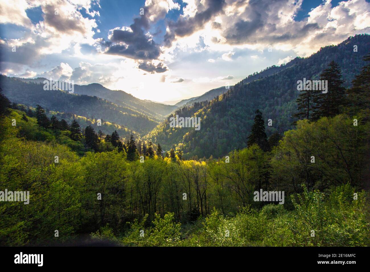 Amanecer en las montañas sobre el Parque Nacional Great Smoky Mountains visto desde la recién descubierta Gap Road en Gatlinburg, Tennessee. Foto de stock