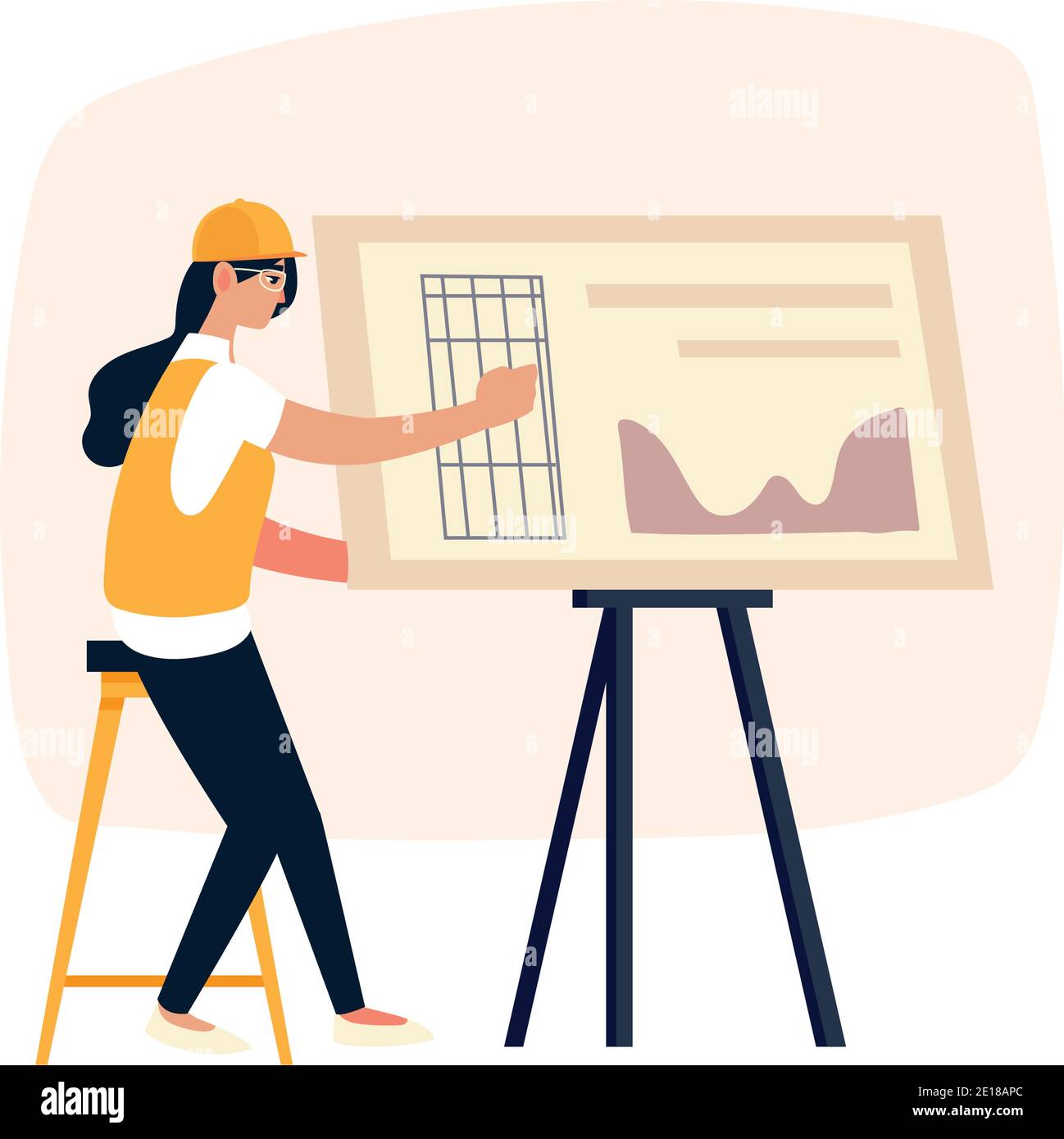 mujer arquitecta trabajando en proyecto de arquitectura con vector de  tablero de dibujo ilustración Imagen Vector de stock - Alamy