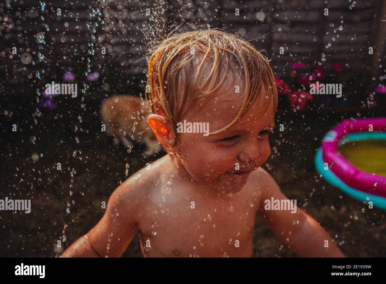Niño jugando con un rociador en el jardín Foto de stock