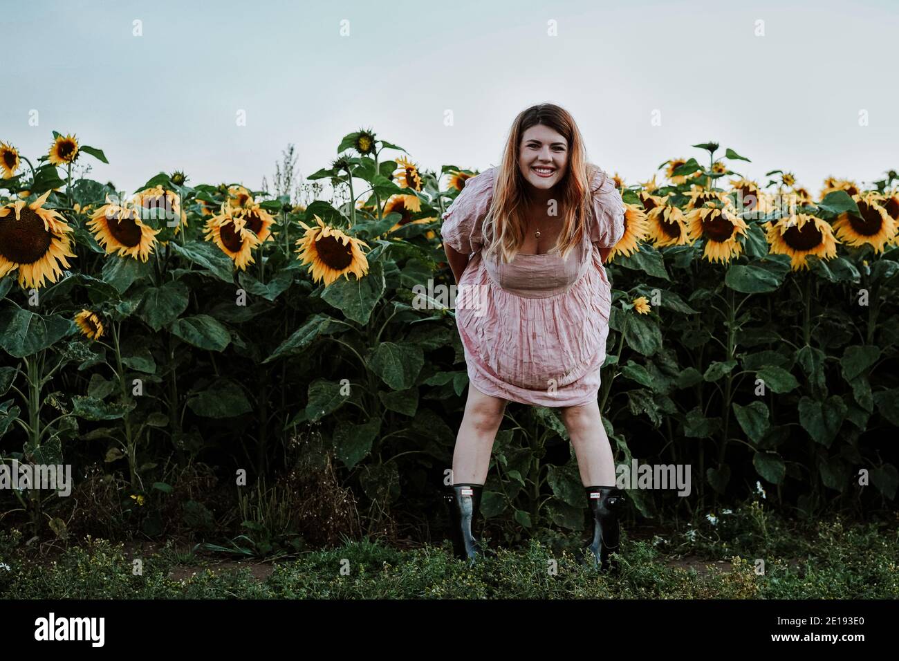 Mujer morena en Sunflower Field, Reino Unido Foto de stock