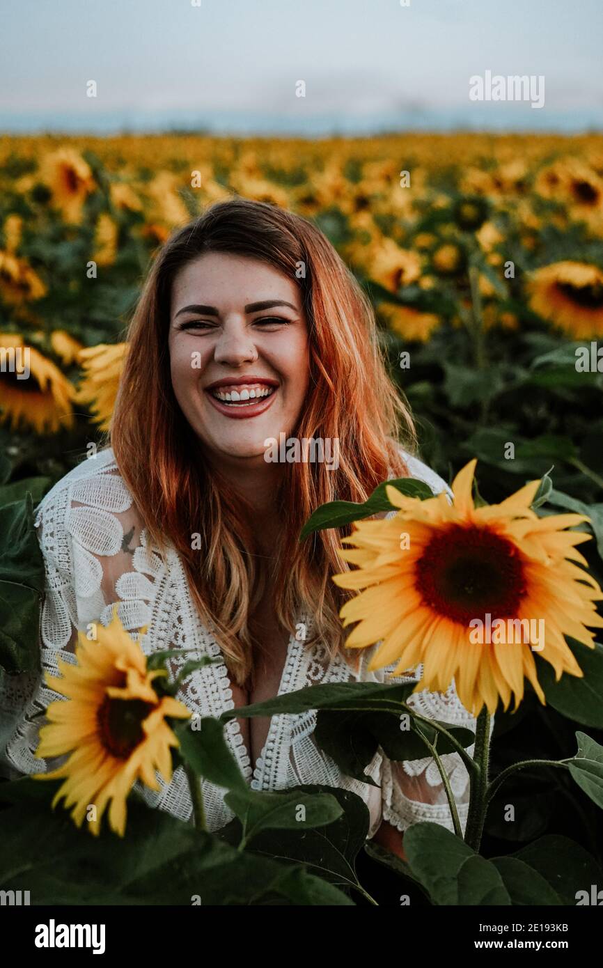 Mujer morena en Sunflower Field, Reino Unido Foto de stock