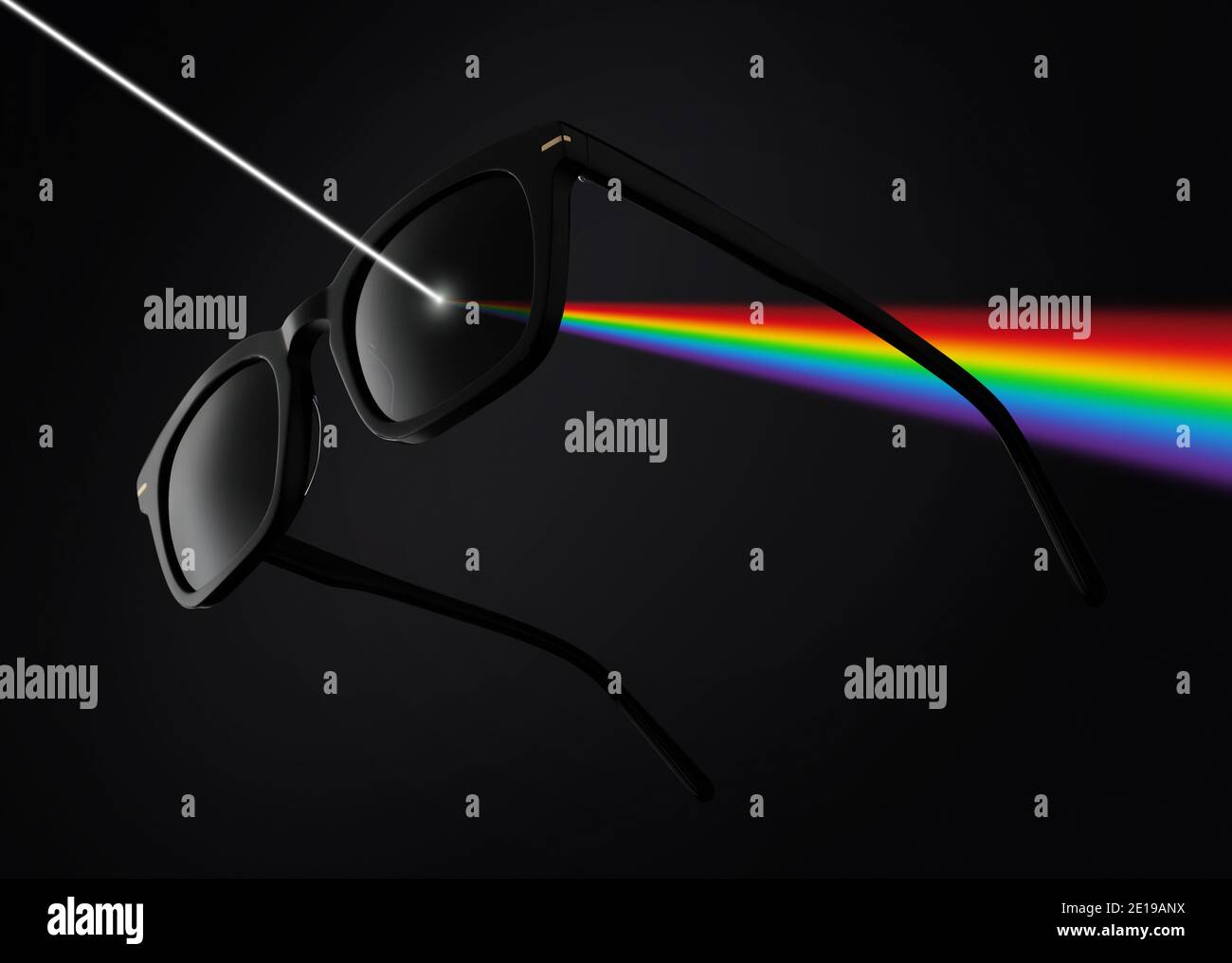 concepto de lentes polarizadas, gafas de sol aisladas sobre fondo negro filtran los rayos del sol, con colores de arco iris ilustración Foto de stock