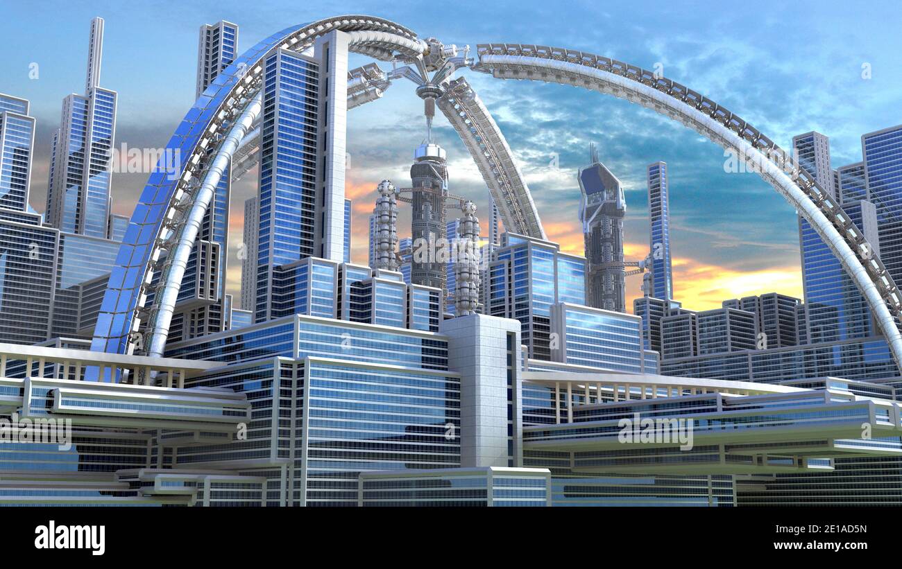 Ciudad futurista en 3D con una estructura arqueada, edificios altos y terrazas, para fondos arquitectónicos. Foto de stock