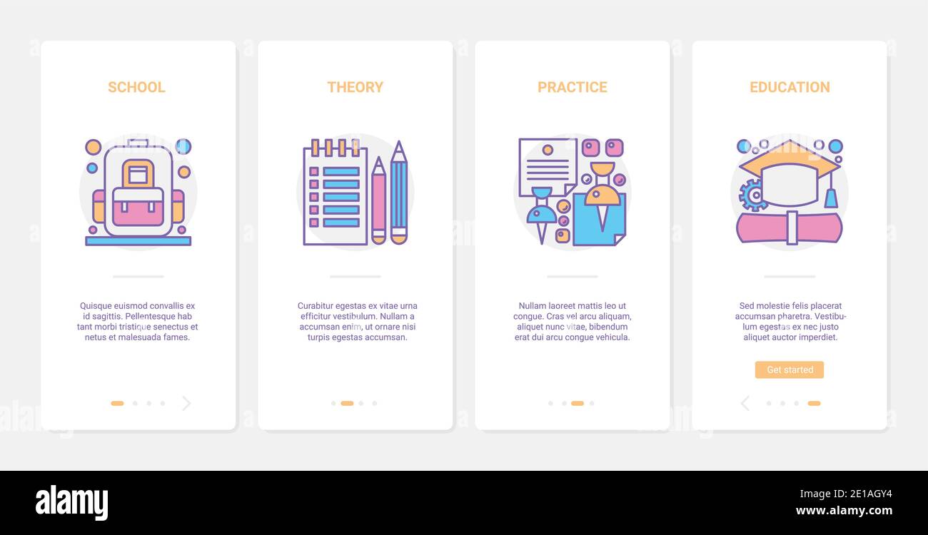 Tecnología de la ciencia de la educación para el estudio de las materias de la escuela ilustración vectorial. UX, UI onboarding mobile app page screen set with line theory knowledge, practica el experimento en laboratorio científico Ilustración del Vector