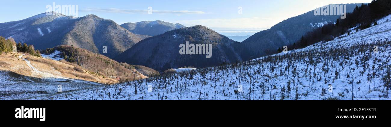 Vista invernal desde Prislop por encima de Zazriva, norte de Eslovaquia Foto de stock