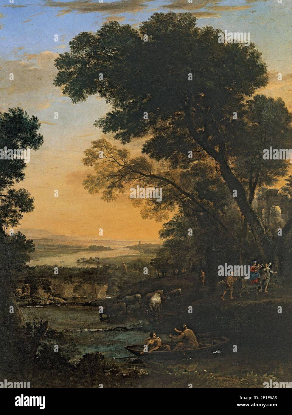 Claude Lorrain - Paysage idyllique avec la fuite en Égite (1663). Foto de stock