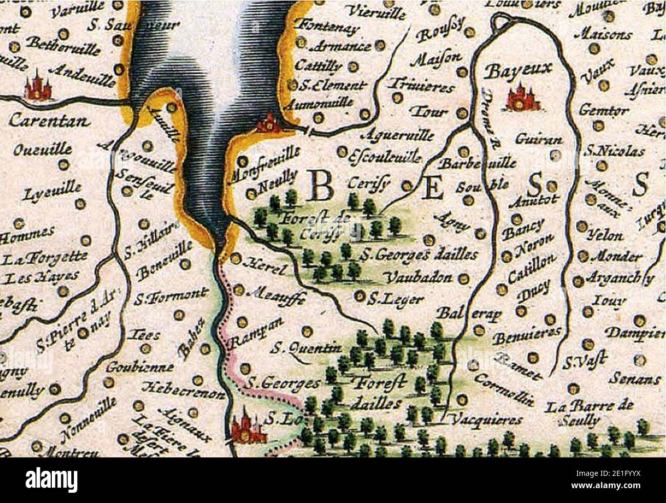 Ubicación de Cerisy-la-Forêt en el mapa de William Blaeu del Ducado de Normandía (1635). Foto de stock