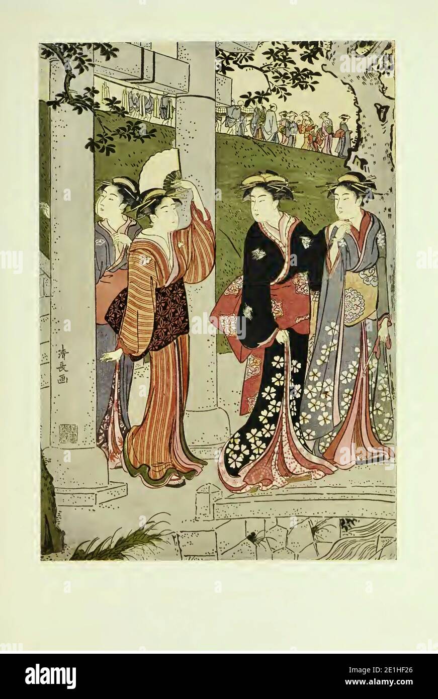 Antigua impresión titulada cuatro mujeres dejando un santuario ; una procesión que pasa a lo largo de un terraplén en el fondo - alrededor de 1788 por Kiyonaga Foto de stock