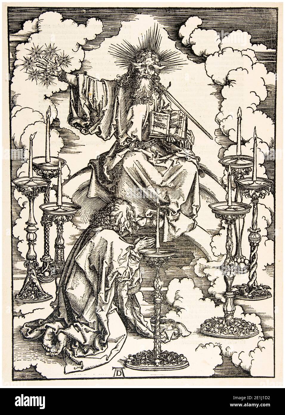 Albrecht Dürer, el Apocalipsis: La visión de los siete Candlesticks, estampado de madera, 1498 Foto de stock