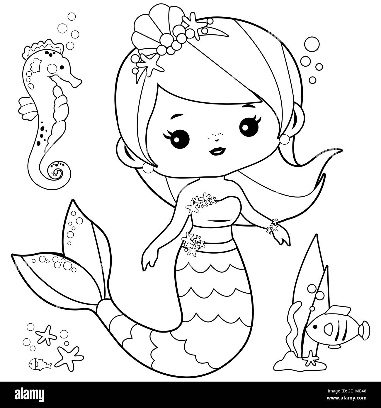 Hermosa sirena y animales de mar. Página para colorear en blanco y negro  Fotografía de stock - Alamy