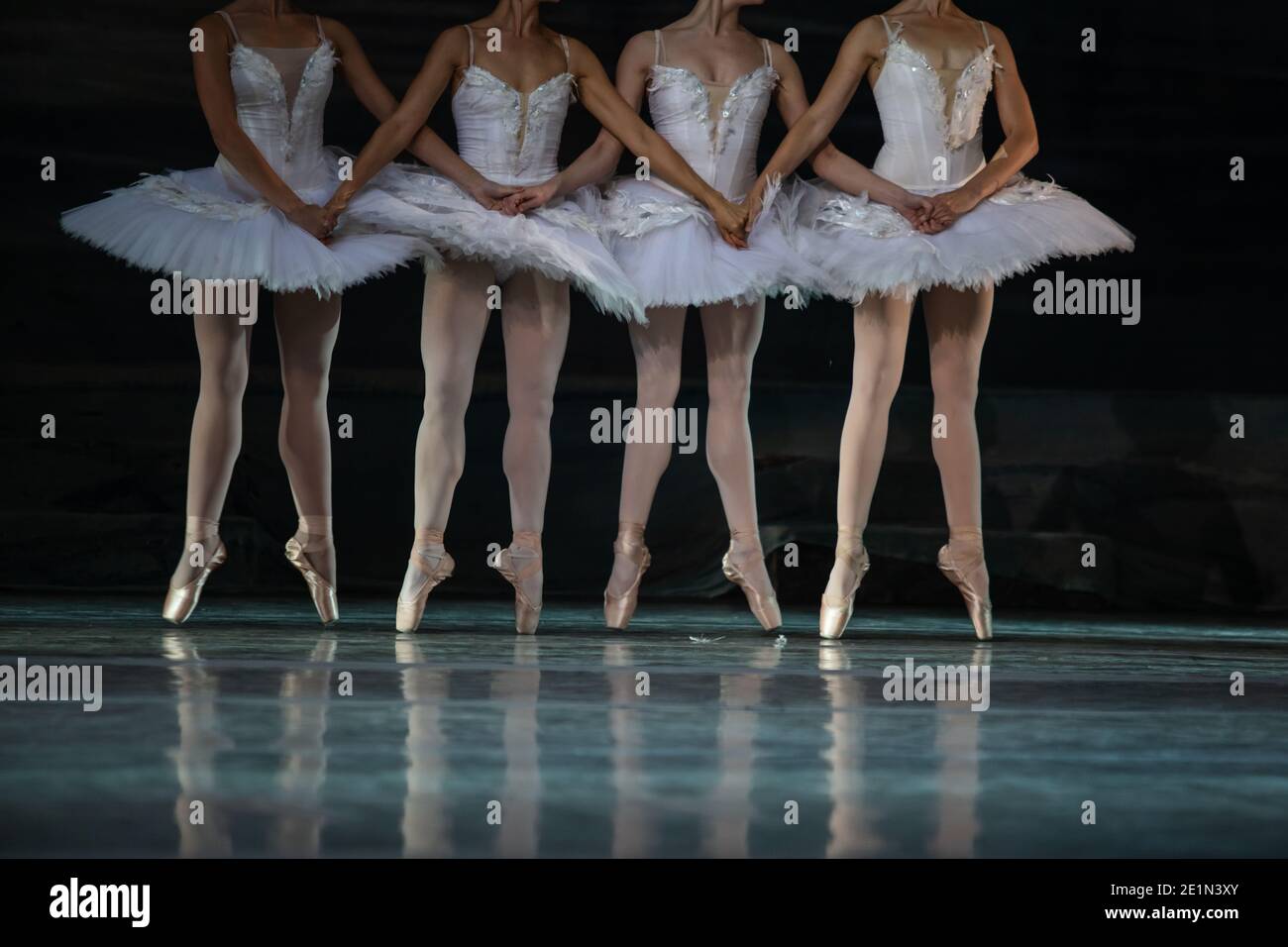 Formación de jóvenes bailarinas en la barra de ballet grupo de bailarines  de ballet posando cerca de la barra en el estudio de ballet