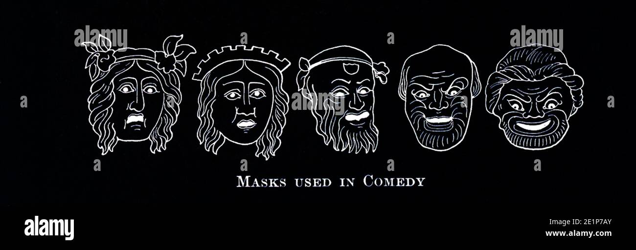 Máscaras utilizadas en la antigua comedia griega Foto de stock