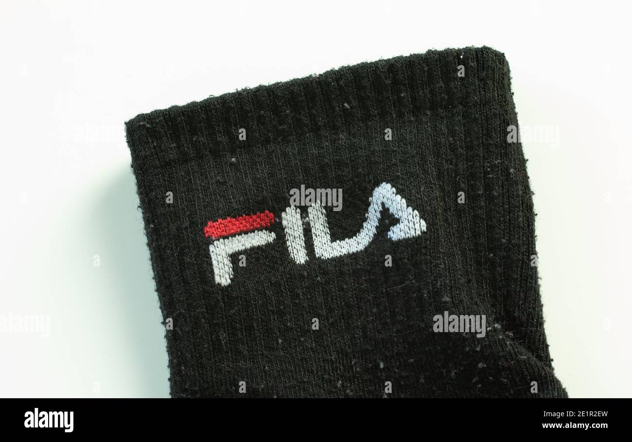 Moscú, Rusia - 5 de diciembre de 2020: Primer plano del logotipo DE LA Marca de la empresa FILA, editorial ilustrativa. Foto de stock