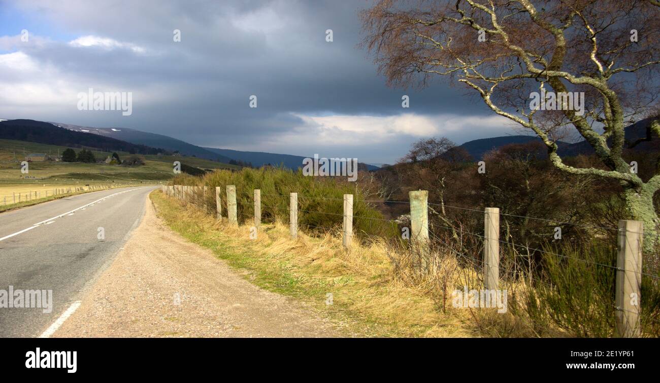 Paisaje rural escocés y Old Military Road en Royal Deeside entre Ballater y Braemar. Parque Nacional Cairngorms. Aberdeenshire, Escocia, Reino Unido Foto de stock