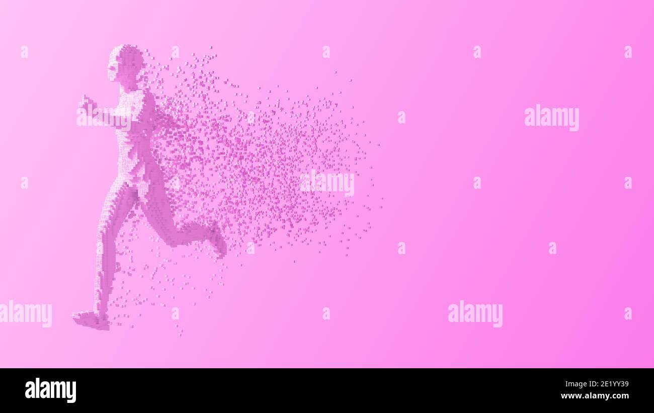 Digital Person corre y deja un rastro de píxeles en 3d sobre fondo rosa. Ilustración 3D. Foto de stock