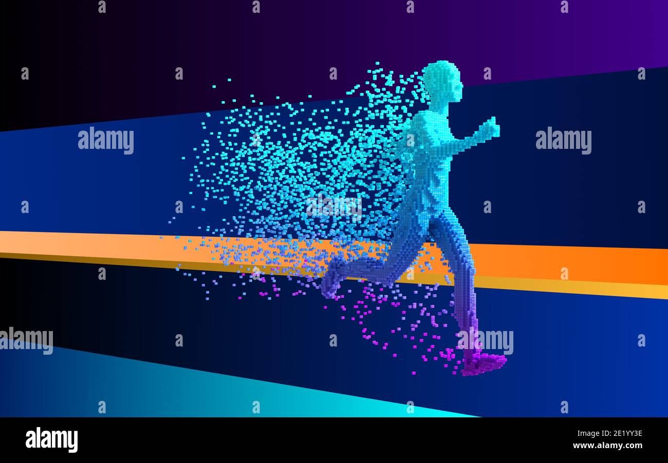 Digital Person corre y deja un rastro de píxeles en 3d. Ilustración 3D. Foto de stock