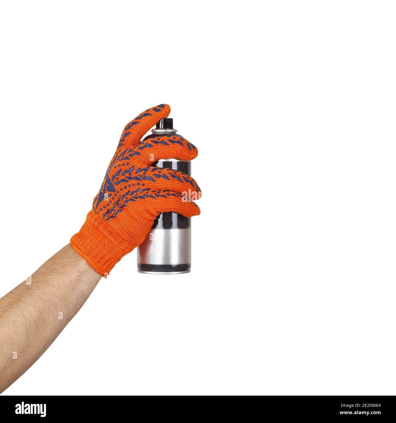 Objetos herramienta manos acción - aerosol pintura en la mano del trabajador en guante fondo blanco aislado. Foto de stock