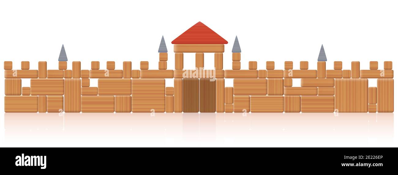 Pared del castillo - edificio de bloques de juguete - muchos elementos de madera natural - un juego típico de concentración de la infancia - ilustración sobre fondo blanco. Foto de stock