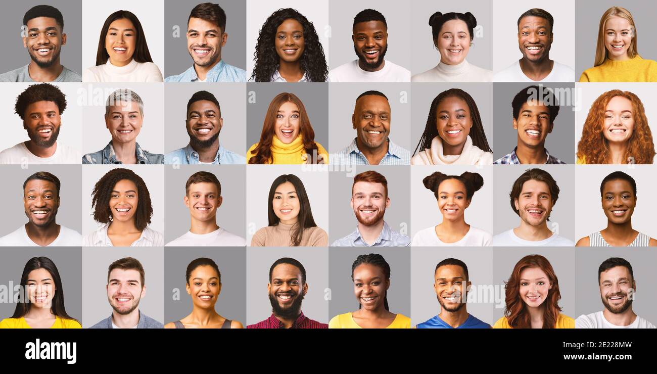 Collage de felices caras multirraciales en fondos grises Foto de stock