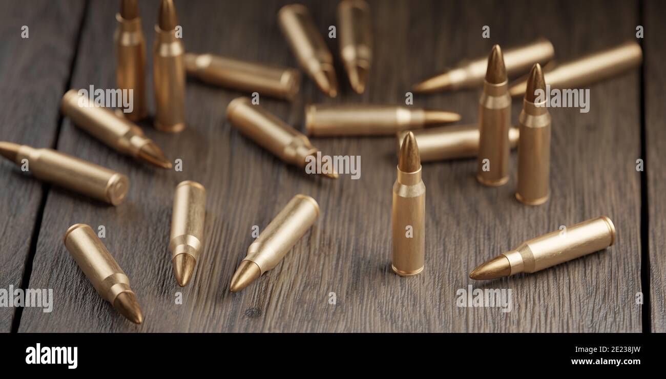 Muchas balas sobre la mesa. Oncópto. Militario. Ilustración renderizada en 3D. Foto de stock