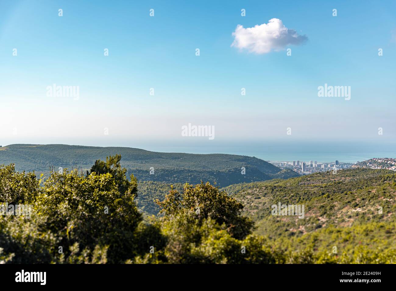 Vista del bosque, el mar y la ciudad bajo un cielo azul. Una vista del Monte  Carmelo, pequeña Suiza, con vistas a la ciudad de Haifa desde arriba.  Israel. Foto de alta