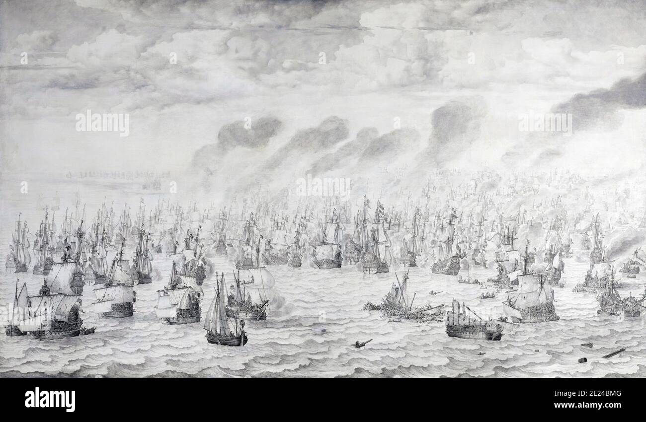 Países Bajos: "La batalla de Scheveningen, 10 de agosto de 1653". Tinta y óleo sobre lienzo pintado por Willem van de Velde el Viejo (c. 1611-1693), 1657. La batalla de Scheveningen fue la batalla naval final de la primera Guerra Anglo-Holandesa. En junio de 1653, la flota inglesa había iniciado un bloqueo de la costa holandesa. El 10 de agosto, barcos ingleses y holandeses se embararon, lo que causó graves daños a ambas partes. El bloqueo fue levantado, pero la muerte del almirante holandés Maarten Tromp fue un duro golpe, que eventualmente condujo a concesiones holandesas en el Tratado de Westminster. Foto de stock
