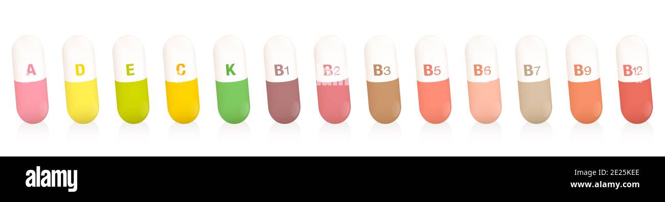 Coloridas pastillas vitamínicas en colores naturales, conjunto de las 13 vitaminas importantes, suplementos dietéticos cápsulas para una dieta saludable. Foto de stock