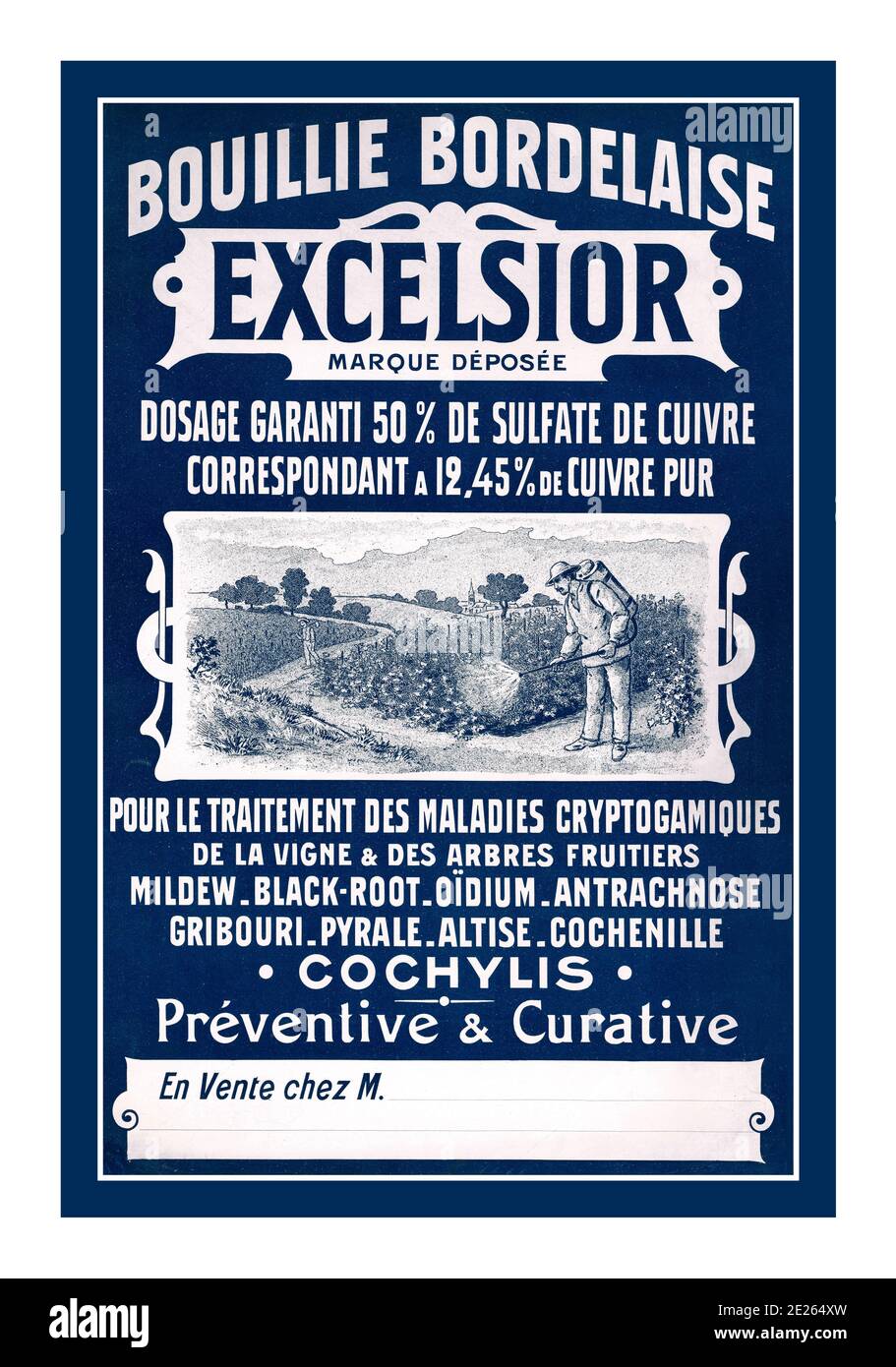 VITICULTURA 1900's Bouillie Bordelaise 'EXCELSIOR' Vintage tratamiento de viticultura francesa Litografía del cartel del producto del aerosol Foto de stock