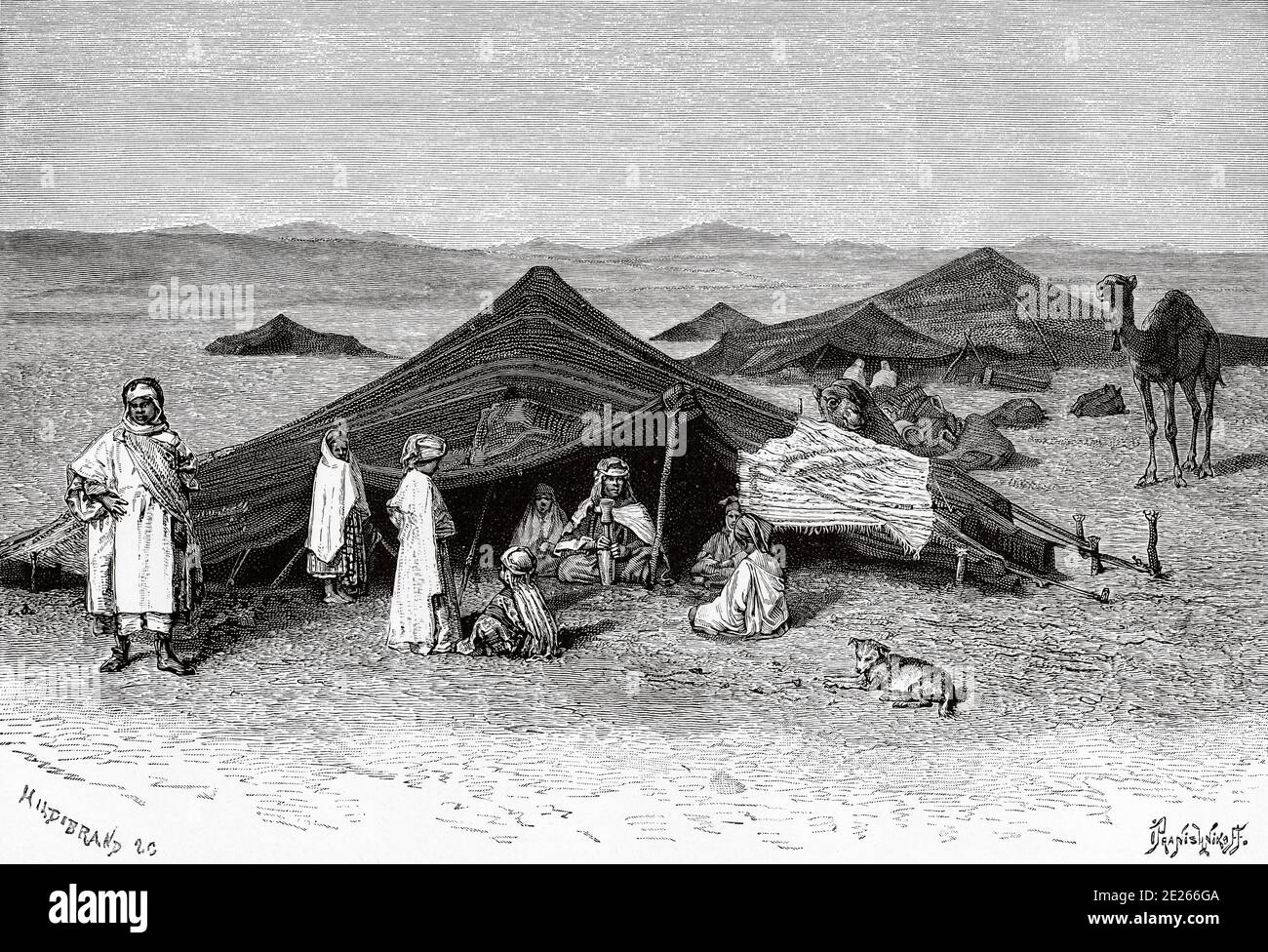 Campamento nómada, Sahara. Norte De África. Antigua ilustración grabada del libro Nueva Geografia Universal de Eliseo Reclus 1889 Foto de stock