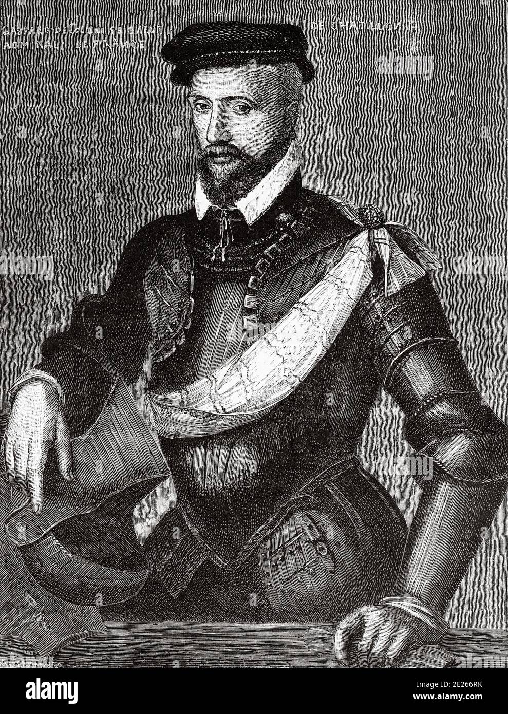 Retrato de Gaspard II de Coligny o Gaspard de Chatillon (Chatillon-sur-Loing, 1519 - París, 1572), soldado francés, almirante de Francia y comandante militar de los hugonotes. Historia de Felipe II de España. Antiguo grabado publicado en Historia de Felipe II por H. Forneron, en 1884 Foto de stock