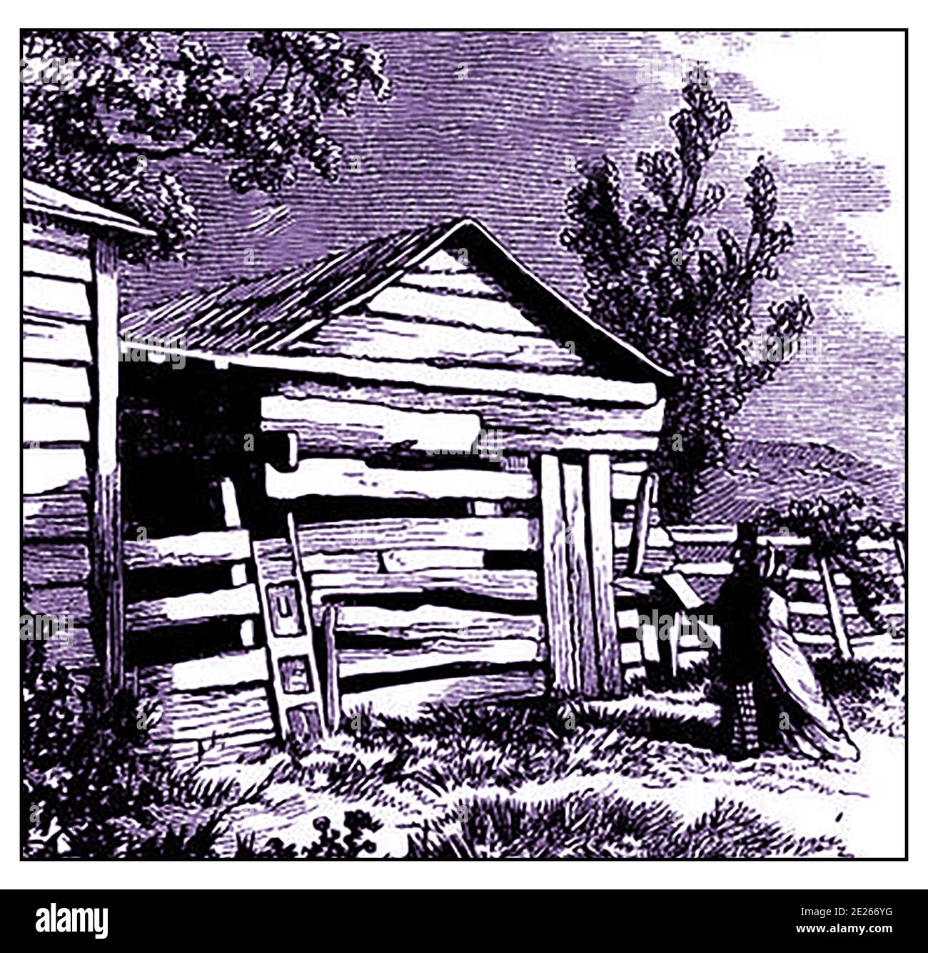 Un grabado muy antiguo que muestra los antiguos restos abandonados de la granja Knob Creek, (la primera casa de Abraham Lincoln y su "primer recuerdo"). La granja de la cala de la perilla ahora restaurada como la cabaña de Gollaher, constituye parte del Parque Histórico Nacional de Abraham Lincoln Birthplace pero antes de 2001 era de propiedad privada. La granja de árboles de perilla fue la casa de la infancia del ex presidente de los EE.UU. Desde 1811 hasta 1816.la cabaña en la que vivía el Lincolns fue movida más tarde por Austin Gollaher que se llevó la vieja casa y utilizó los troncos para construir un establo de caballos. El establo fue posteriormente lavado por una inundación. Foto de stock