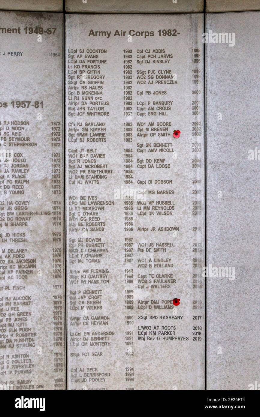 Lista de nombres de pilotos del cuerpo de Aire del Ejército en el Memorial de Vuelo del Ejército, Museo de Vuelo del Ejército, un Museo de Aviación Militar en Stockbridge, Hampshire, Reino Unido. Foto de stock