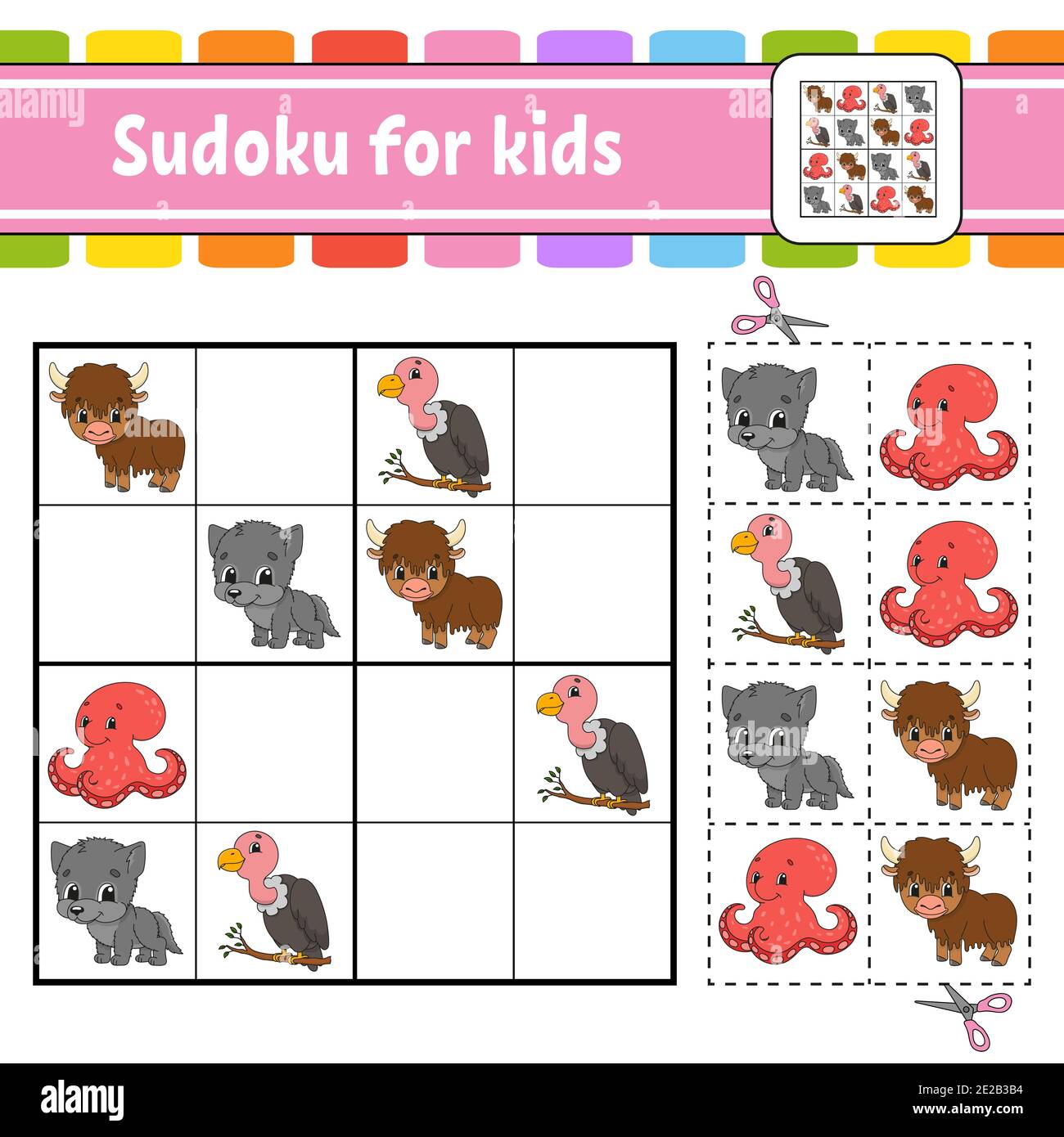 Travieso llamada por ciento Sudoku para niños. Hoja de trabajo de desarrollo de educación. Página de  actividad con imágenes. Juego de rompecabezas para niños. Animales de la  serie. Ilustración vectorial aislada. Diversión Imagen Vector de stock -