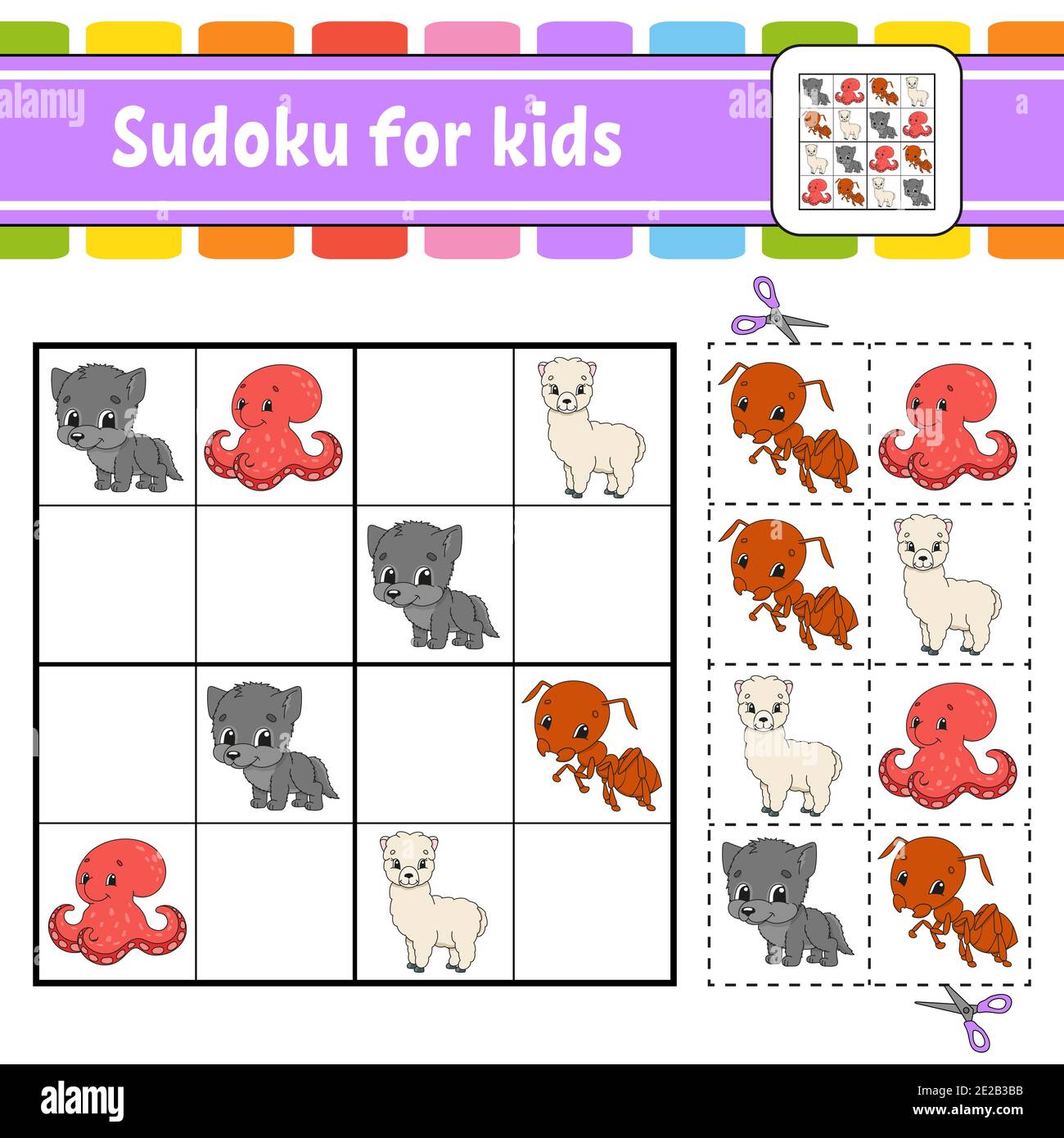 Travieso llamada por ciento Sudoku para niños. Hoja de trabajo de desarrollo de educación. Página de  actividad con imágenes. Juego de rompecabezas para niños. Animales de la  serie. Ilustración vectorial aislada. Diversión Imagen Vector de stock -