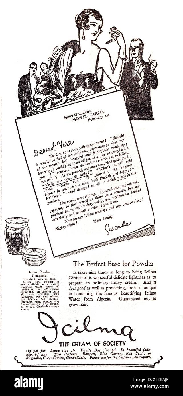 Beauty Industry Advertising, 1927 Icilma cara crema anuncio de periódico local, de Yorkshire Evening Post Foto de stock