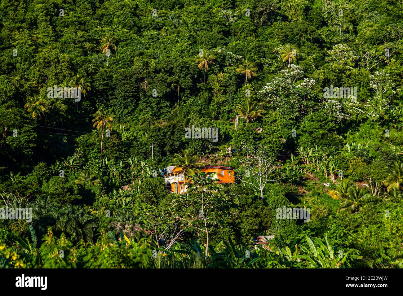 Casa residencial en una ladera arbolada en la isla del Caribe De Greneda Foto de stock