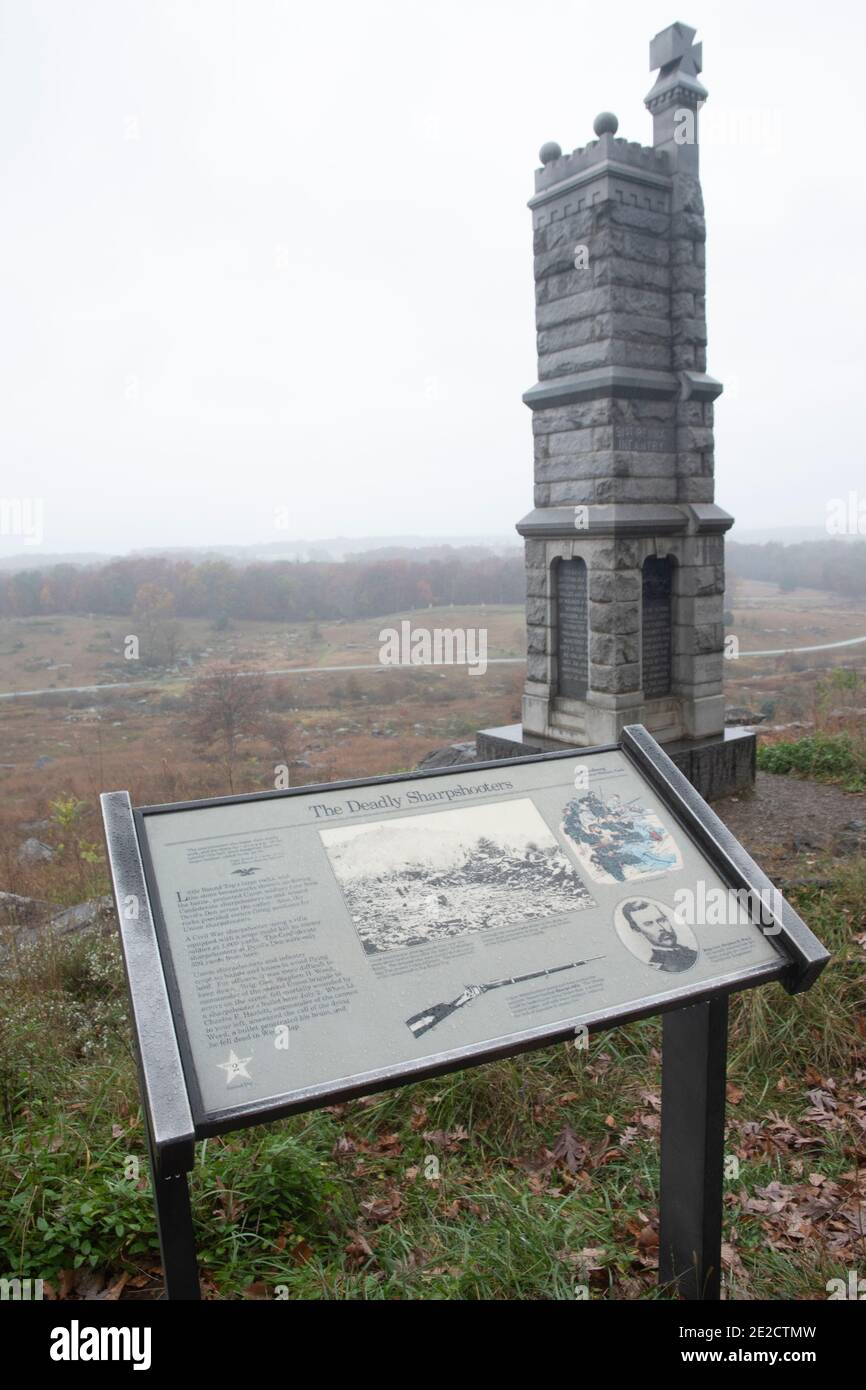 Un monumento en el Parque Militar Nacional de Gettysburg se encuentra donde muchos tiradores afilados mataron allí enemigo desde tan lejos como mil yardas. Foto de stock